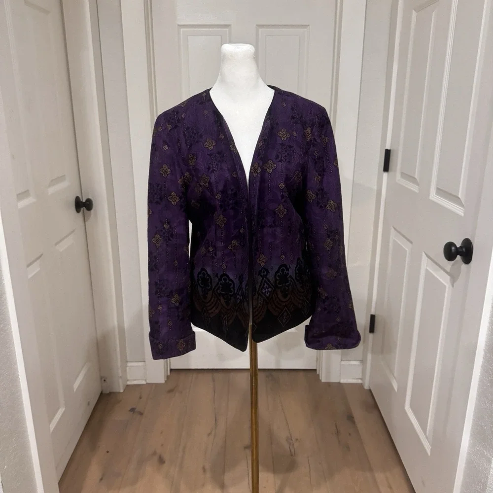 Vintage Coldwater Creek Women's Size 10 Med Purple Floral Cotton Open Jacket‎